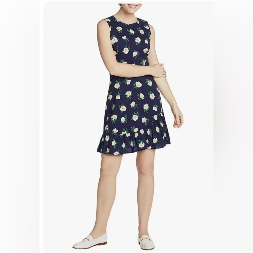 Draper James Navy Floral Ruffle Sheath Womens Sleeveless Cotton Blend 4